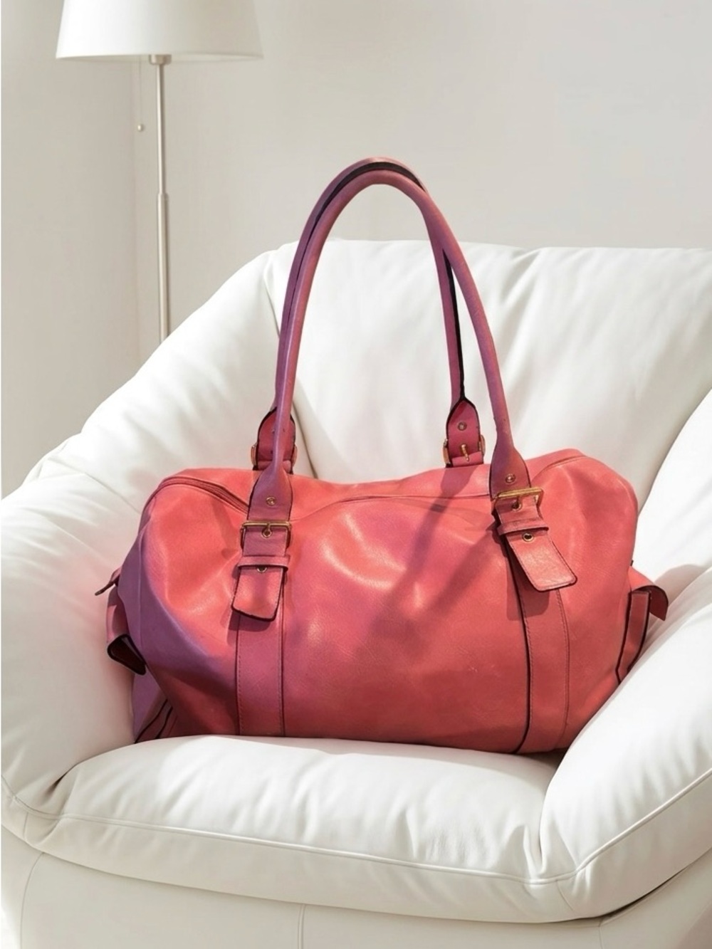 Bueno Pink Faux Leather Travel Duffel Bag gold hardware